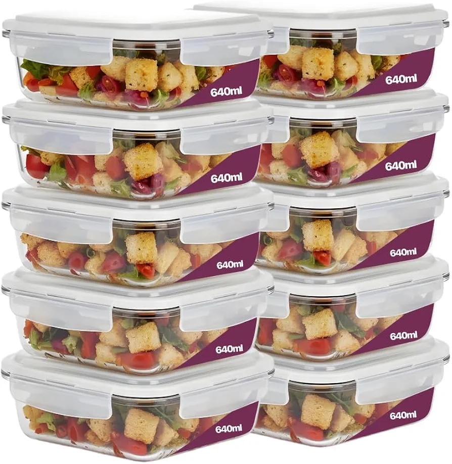 Potes Retangular 640ml | Kit 10 Potes, de Vidro Borossilicato, Com Tampa Hermética, 4 Travas, Livre de BPA