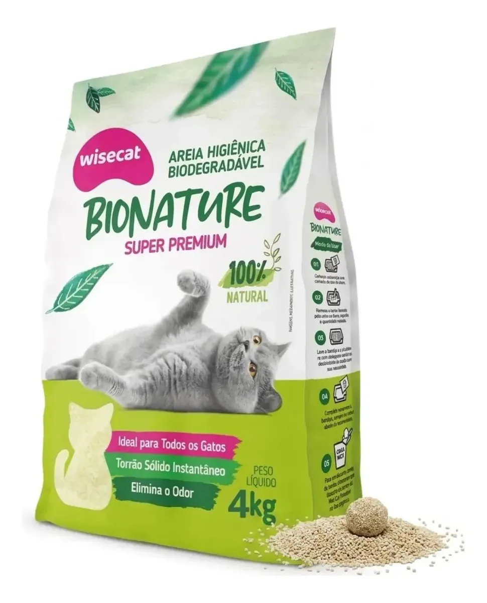 Areia Higiênica Biodegradável Bionature Wisecat para Gatos 4kg
